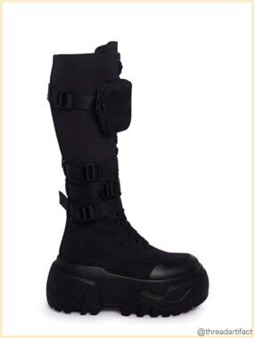 Knee High Platform Combat Boots Buckle Straps Side Zip Closure